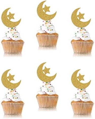 SWYOUN 48PCS Glitter Moon and Star Eid Mubarak Cupcake Topper Ramadan Kareem Party Supplies Islamic Muslim Party Decorations.