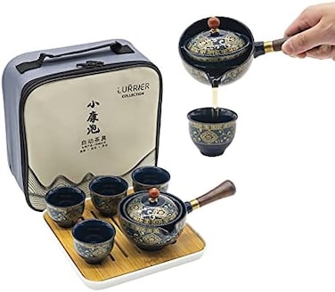 LURRIER Porcelain Chinese Gongfu Tea Set,Portable Teapot Set with 360 Rotation Tea maker and Infuser,Portable All in One Gift Bag for Travel,Home,Gifting,Outdoor and Office (Floral Blue.
