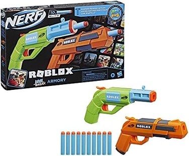 Nerf Roblox Jailbreak: Armory, Includes 2 Hammer-Action Blasters, 10 Elite Darts, Code to Unlock in-Game Virtual Item.