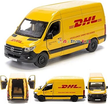 كينسمارت - شاحنة نقل البضائع مرسيدس بنز سبرينتر إصدار DHL، نموذج لعبة شاحنة معدنية مصبوبة بمقياس 1:48 O، تعمل بسحب للخلف.