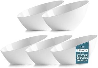 Posh Setting - White Plastic Serving Bowls for Party Angled Bowls Disposable Chip Bowls Candy Bowls for Party Table Salad and Fruit Bowls for Party Wedding Serving Bowls - White, 8 OZ, 5 Pack.