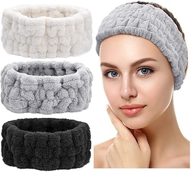 Chuangdi 3 Face Wash Bands for Makeup and Yoga Sports Shower Face Spa Headband Elastic Headband for Girls and Women (Black, White, Light Grey.