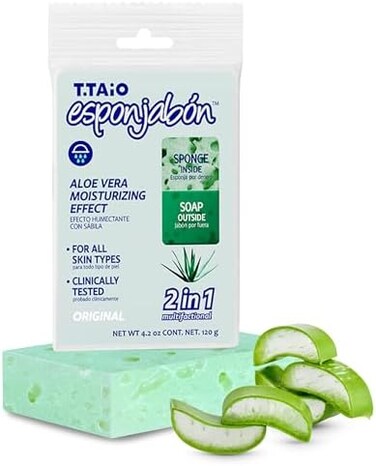 T.TAIO T. Taio Esponjabon Aloe Vera Soap Sponge - Gentle Shower Scrubber - Cleaning Bath Wash Scrub - DirtOil Removal - MassageLather Foot, Elbow,Face - Bathroom Accessories - Fresh Aloe Vera Scent.