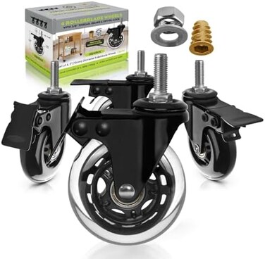 Slipstick CB693 Premium 3 Inch Rubber Caster Wheels with Brake (4 PackReplacement Rollerblade Style Swivel Casters with 3/8&rdquo;&ndash; 16x1&rdquo; Threaded Stem, Includes Mounting Hardware, Black/Clear Castor.