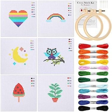 Pllieay Cross Stitch Beginner Kit for Kids 7-13, Includes 6pcs Project Cross Stitch Pattern and 2pcs Hoops, 12 Skeins, Needle Point Starter Kit Sewing Set with Instructions for Christmas Gift.