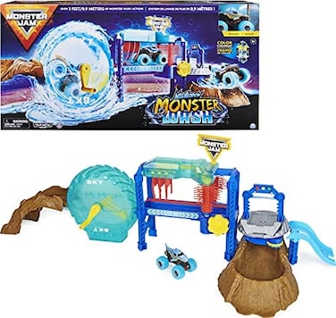 لعبة Monster Jam Megalodon Monster Wash، تتضمن شاحنة Megalodon Monster Truck متغيرة اللون، وهي عبارة عن ألعاب مائية تفاعلية للأطفال من سن 3 سنوات فما فوق.