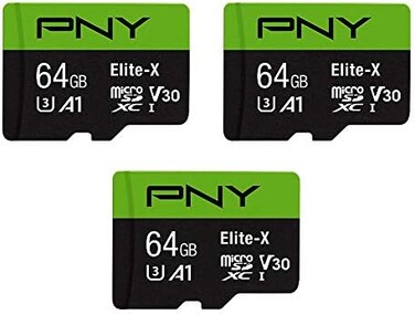 PNY 64GB Elite-X Class 10 U3 V30 microSDXC Flash Memory Card, 3 Count (Pack of 1- 100MB/s, Class 10, U3, V30, A1, 4K UHD, Full HD, UHS-I, micro SD.
