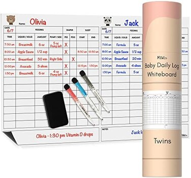 Mewl Twins Daily Log Whiteboard - Reusable Twin Baby Tracker to Log Feeding, DiapersSleep - Newborn Baby JournalSchedule Chart for New Parents, Nanny, Babysitter - PregnancyNew Mom Gift.