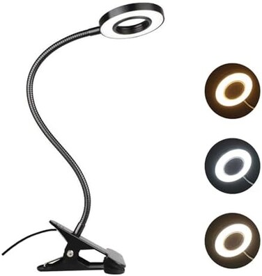 Akynite 48 LED Clip on Desk Light for Home Office, 3 Colors10 Brightness, 7W USB LED Ring Light Desk Clamp for Makeup, Gooseneck Desk Clip Lamp, Dimmable Clip on Bed Light for Reading, Black.