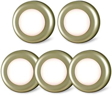 STAR-SPANGLED 5 Pack 2. 8&rdquo; Push Tap Lights, Stick on Touch Puck Lights AAA Battery Operated, LED Sticky Button Lamps for Classroom, Kitchen, Under Cabinet, Closet (Golden, Warm White.