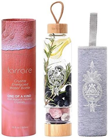 Larrare Crystal Water Bottles 19oz Large Crystal Elixir Infused Water Bottle with Changeable CrystalsGem Water Bottle with Sacred Pattern and Words (Amethyst, Rose Quartz, Clear Quartz.