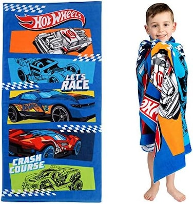 Franco Kids Super Soft Cotton Bath/Pool/Beach Towel, 58 In x 28 In, Hot Wheels.
