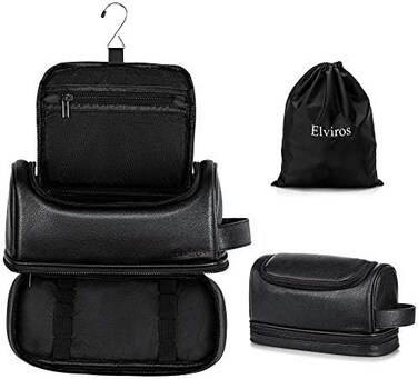 Elviros Toiletry Bag, Mens Leather Travel Organizer Kit with hanging hook, Large Water-resistant Toiletries Bathroom Shaving Bags for Women (Black.