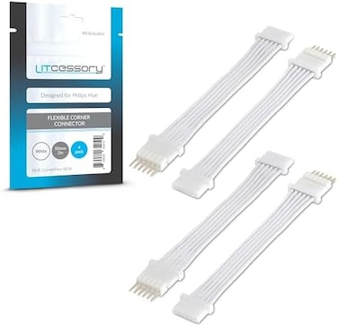 كابل تمديد/موصل زاوية مرن من Litcessory لشريط إضاءة Philips Hue Plus (50 مم، عبوة من 4 قطع، أبيض - MICRO 6-PIN V4).