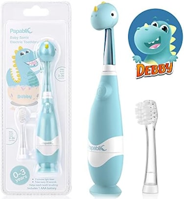 Papablic Toddler Sonic Electric Kids Toothbrush for Ages 1-3 Years, Baby Electric Toothbrush with Cute Dino Cover and Smart LED Timer, 2 Brush Heads (Debby.