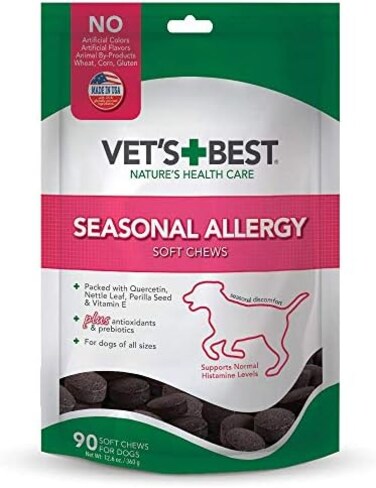 مكملات غذائية للكلاب من Vet's Best Seasonal Allergy Soft Chew تهدئ تهيج جلد الكلاب الناتج عن الحساسية الموسمية وتحافظ على مستويات الهيستامين تكفي لمدة 90 يومًا.