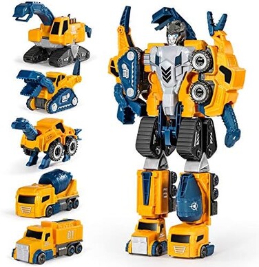 MIEBELY Toddler Robot Construction Vehicles Set &ndash; 5Pcs Transforming Robots for Kids - Magnetic Toys with Sturdy Connectors &ndash; Easy DIY Assembly Function &ndash; 5-in-1 Educational STEM Toys.