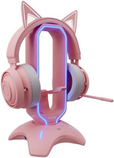 Tilted Nation RGB Gaming Headset Stand - 3 in 1 Headphone Stand with Mouse Bungee and 2 Port USB 3. 0 Hub - The Ultimate Gaming Accessory - Dynamic RGB Headphone Holder with USB Charger - Pink.