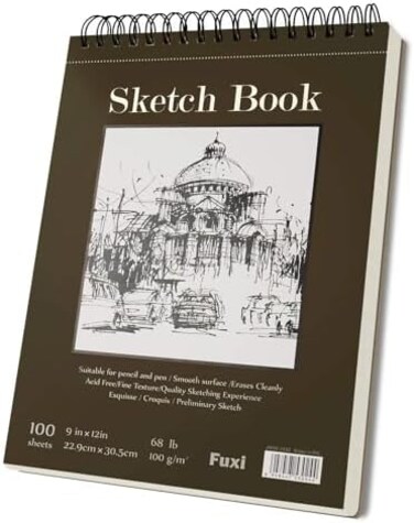 Fuxi 9 x 12 inches Sketch Book, Top Spiral Bound Sketch Pad, 1 Pack 100-Sheets (68lb/100gsm, Acid Free Art Sketchbook Artistic Drawing Painting Writing Paper for Kids Adults Beginners Artists.