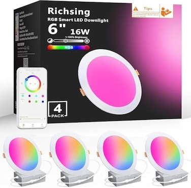 RICHSING Smart Recessed Lighting 6 inch RGBCW Color Changing 16W LED Recessed Lights with Junction Box Compatible with Alexa Bluetooth Connect Dimmable Ceiling Light, 4 Pack.