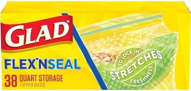 أكياس تخزين الطعام البلاستيكية Glad Flex'N Seal، سعة ربع جالون، 38 كيسًا (قد يختلف شكل العبوة).