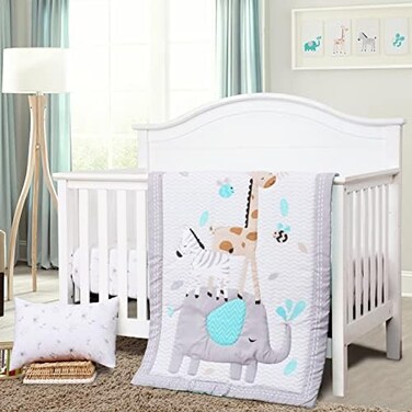 JISEN 3 Piece Crib Bedding Set Crib Quilt Crib Sheet Pillowcase - Soft Microfiber Printed Nursery Set for Baby Boys or Girls Gray.
