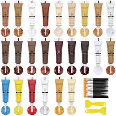 SEISSO Wood Furniture Repair Kit -Set of 50, 24 Colors Wood Touch up Fillers, Wood Repair Paint with Scraper and Brushes, Repair Scratches, Cracks, Stains, Hole, for Tables, Laminate, Cabinet, Floors.