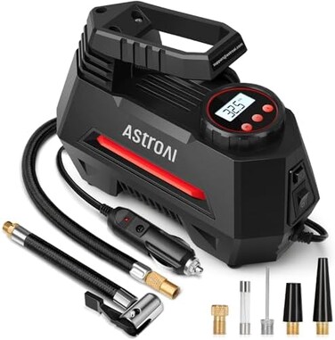 AstroAI Tire Inflator Portable Air Compressor Tire Air Pump for Car Tires - Car Accessories, 12V DC Auto Pump with Digital Pressure Gauge, Emergency LED Light for Bicycle, Balloons, Red.