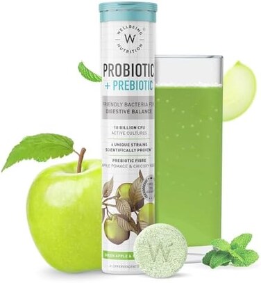 Wellbeing Nutrition Daily ProbioticPrebioticPlant Based36 Billion CFU, 6 Strains for MenWomen with Organic Prebiotic Fiber for Digestion, Gut Health, Metabolism21 Effervescent Tabs.