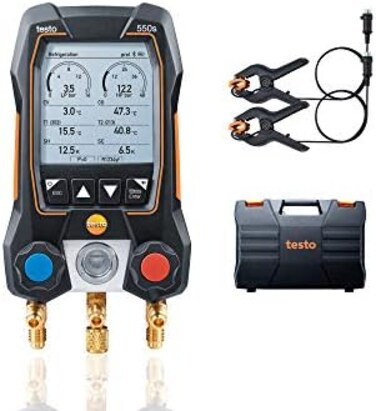 مجموعة Testo 550s   مشعب رقمي يعمل بتطبيق لأنظمة التدفئة والتهوية وتكييف الهواء والتبريد مع 2 × مجسات قياس درجة الحرارة السلكية   قياس الضغط العالي والمنخفض، التسخين الفائق والتبريد الفرعي - مع تقنية