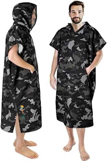 SUN CUBE Surf Poncho Changing Robe with HoodQuick Dry Microfiber Wetsuit Changing Towel with Pocket for Surfing Men Women, Camo Black, One size.