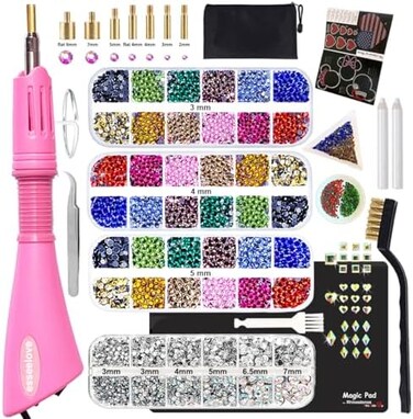 esseelove Hotfix Applicator Tool, DIY Hot Fix Rhinestone Setter, Hot Fixed Kit, 5679 Pcs, AB, Clear, 34/30/20/16/10SS, 12 Colors, Bigger Rhinestones, Gem Picker, Bedazzler Kit with Rhinestones.
