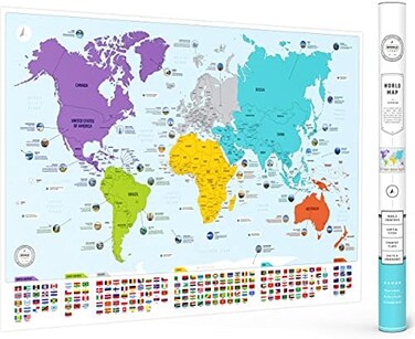 خريطة العالم الملونة مع الأعلام والعواصم و50 حقيقة مثيرة للاهتمام - ملصق جداري كبير الحجم مغلف بطبقة لامعة للمنزل والفصل الدراسي - تعليمي للأطفال والكبار.