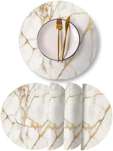 LANEABUY Round Leather Placemats Set of 4 PU Waterproof Non-Slip Washable Heat Resistant Place Mat for Kitchen Dining Table - Marble Gold Line.