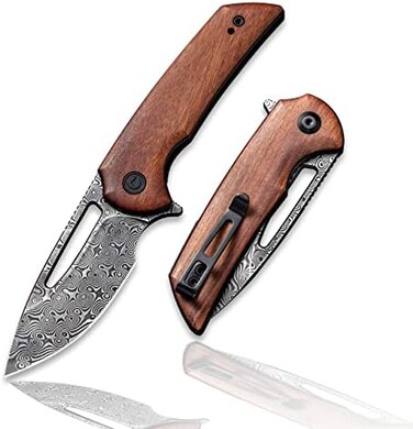 CIVIVI Odium Small Damascus Folding Knife &ndash;2. 65" Flipper Pocket knife for EDC Camping, Cuibourtia Wood Handle, Ball Bearings Pivot, Reversible Deep Carry Clip C2010DS-1.