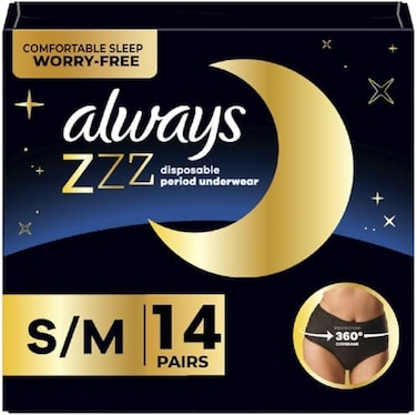 Always Zzzs Overnight Disposable Period Underwear for Women, Size Small/Medium, Black Period Panties, Leakproof, 7 Count x 2 Packs (14 Count Total.
