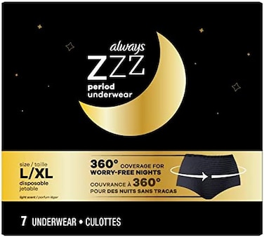 Always ZZZ Overnight Disposable Period Underwear for Women Size LG, 360 Coverage, 7 Count.