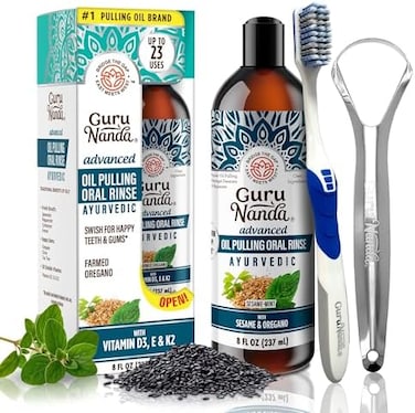 GuruNanda Advanced Oil Pulling with Tongue Scraper Inside The Box - Natural Alcohol Free Mouthwash with Coconut Oil, Vitamins DE - Supports Healthy Gums, Teeth WhiteningFresh Breath (8 Fl Oz.