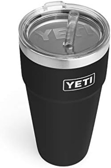 كوب YETI Rambler سعة 26 أونصة مزود بماصة، معزول بتفريغ الهواء، مصنوع من الفولاذ المقاوم للصدأ مع غطاء ماصة، أسود اللون.