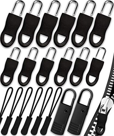 WAVEBEEXS Zipper Pull, Universal Zipper Pull Replacement Kit, Removable Zipper Pulls Tab Replacement (20 Pcs, Black Zipper Pulls for Jackets, Luggage, Backpacks, Purses, Boots, Pants, Tents, (3 Styles