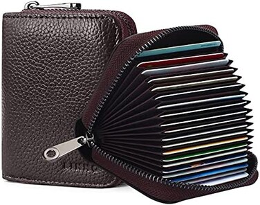 Linno RFID 20 Credit Card Slots Genuine Leather Small Card Holder Case for Women or Men Accordion Wallet with Zipper, Coffee, Fashion Accordion Card Case.