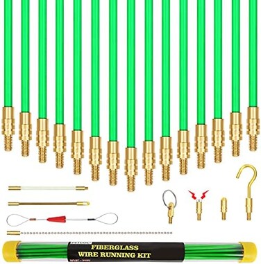 PETUOL 21 Feet Fiberglass Fish Tape Cable Rods, Electrical Wire Running Pull/Push Kit with Hook and Hole Kit Glow Rod, Hook Hole, Green.
