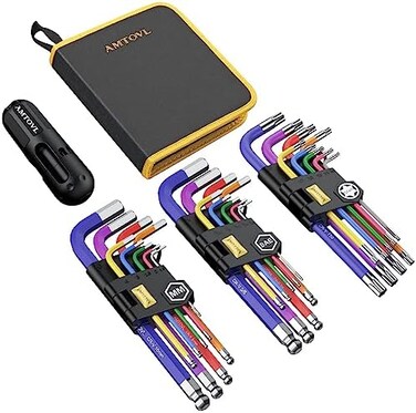 AMTOVL 27PCS Allen Key Set, MetricSAE Allen Wrench Set, Extra Long BallStar End Hex Keys with T-HandleColor Coding for Bicycle, Household DIY.