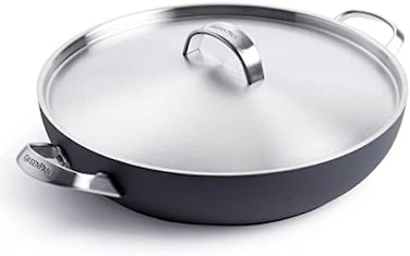 GreenPan Paris Pro Hard Anodized Healthy Ceramic Nonstick, 11" Everyday Frying Pan Skillet with 2 Handles and Stainless Steel Lid, PFAS-Free, Dishwasher Safe, Grey.