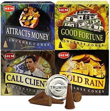 TRUMIRI Hem Incense Cones Variety Pack1 And Cone Incense Burner Bundle With 4 Money Luck And Business Themed Fragrances.