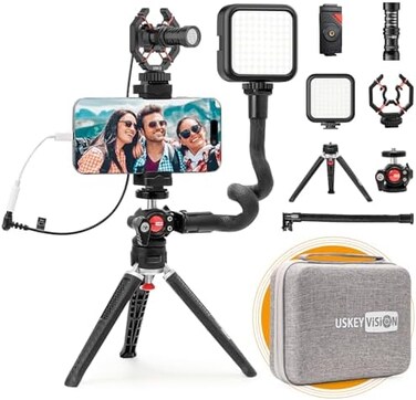 USKEYVISION Smartphone Video Vlogging Kit Metal Microphone Light Tiktok YouTube Podcast Equipment for iPhone 15/14/13 Mini/Pro/Max, Android Smartphone (V-Master.