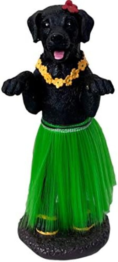 Franchise Figurine Company Dashboard Hula Dog Black Labrador Retriever Car Bobblehead 6 Inches Green Grass Skirt Hawaiian Lei Desk Mantle.