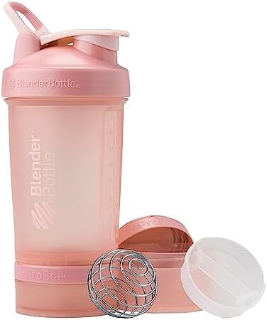 BlenderBottle Shaker Bottle with Pill Organizer and Storage for Protein Powder, ProStak System, 22-Ounce, Rose Pink.