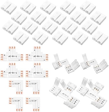 مجموعة موصلات LED ثلاثية الأطراف من Mudder، 28 قطعة، موصلات شرائط LED، موصلات إضاءة LED بدون لحام 10 مم، موصلات تمديد إضاءة LED على شكل حرف L، موصلات محولات LED بدون لحام على شكل حرف T لشرائط LED من ط