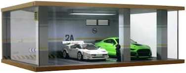 Bivitre 1/24 Scale Die-cast Car Garage Display Case with Clear Acrylic Cover and LED Lighting for 3 Parking Space (2A.